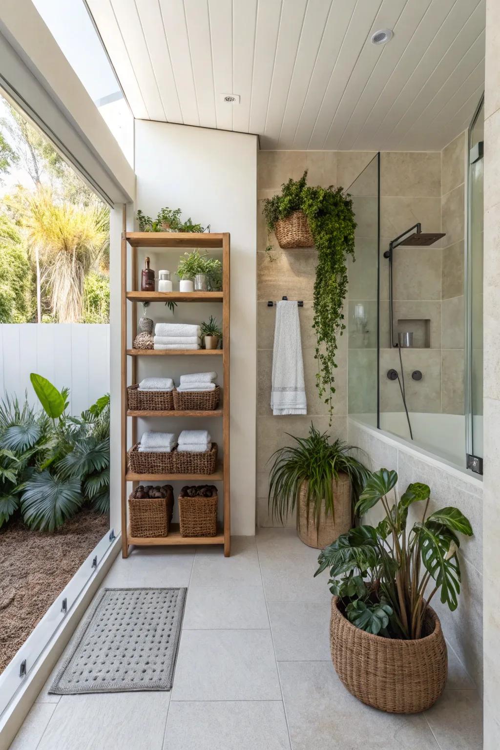 Decorative elements add character and a welcoming feel to this curbless shower.