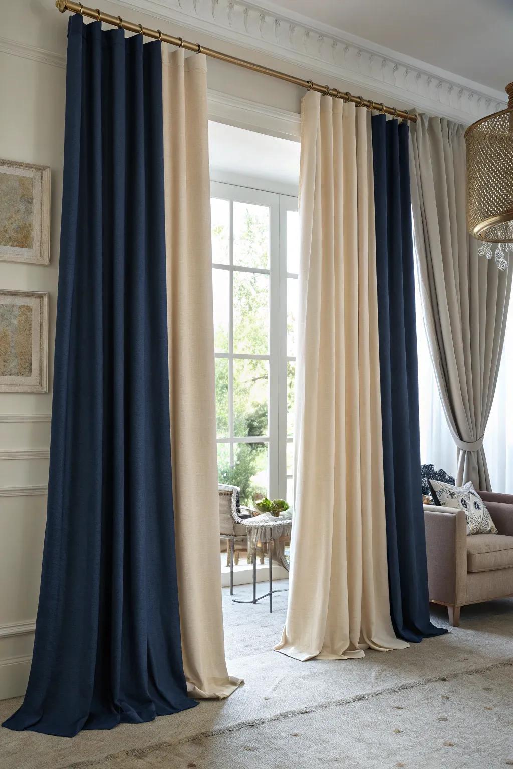 Bicolor curtains enhance a sophisticated nuance using contrasting colors.