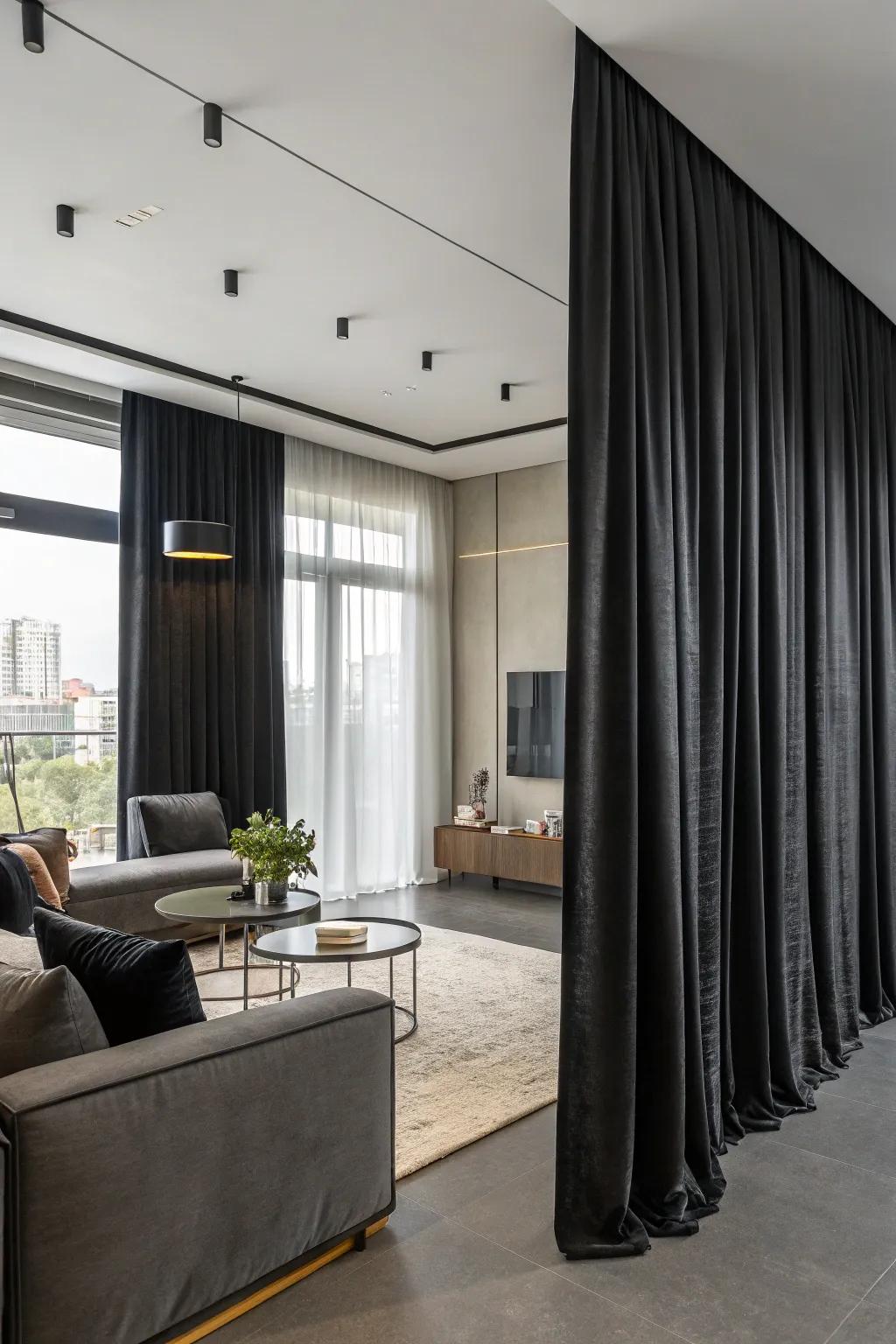 Bold black curtains create a modern statement.