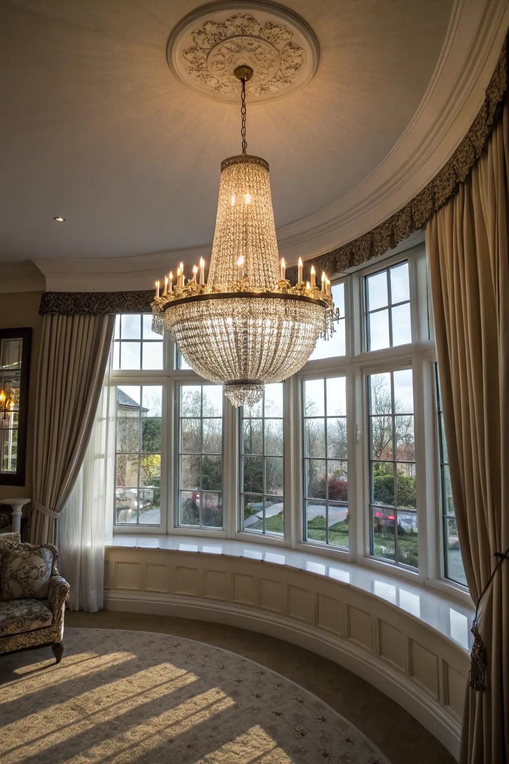 A fancy statement light fixture hangs over a curved bay window.