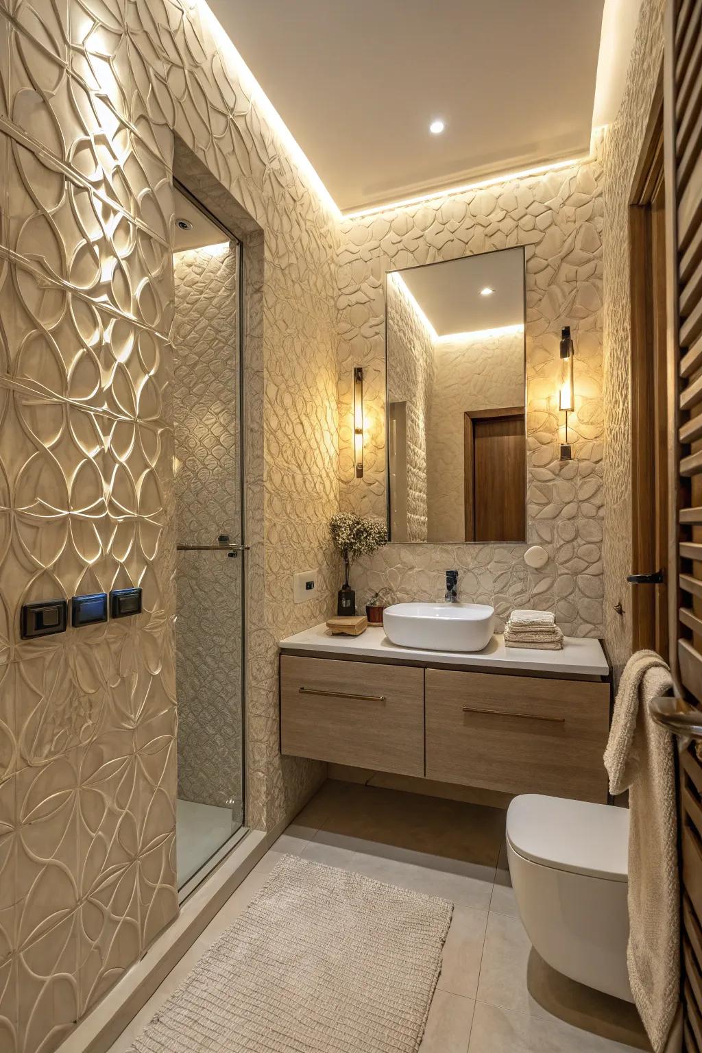 Textured walls add sophistication and depth to your restroom.