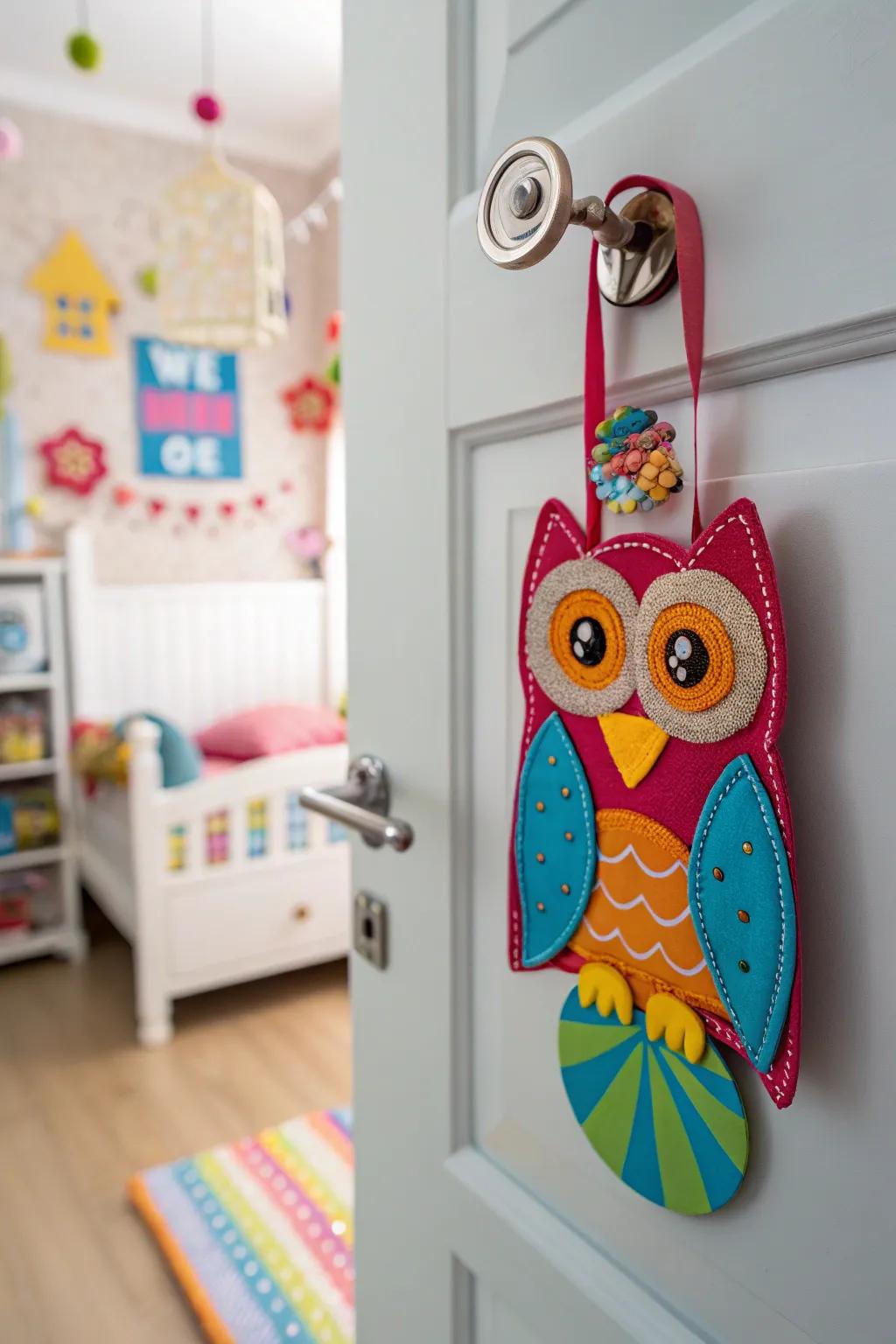 A lively owl-shaped door hanger flawless for youngsters.