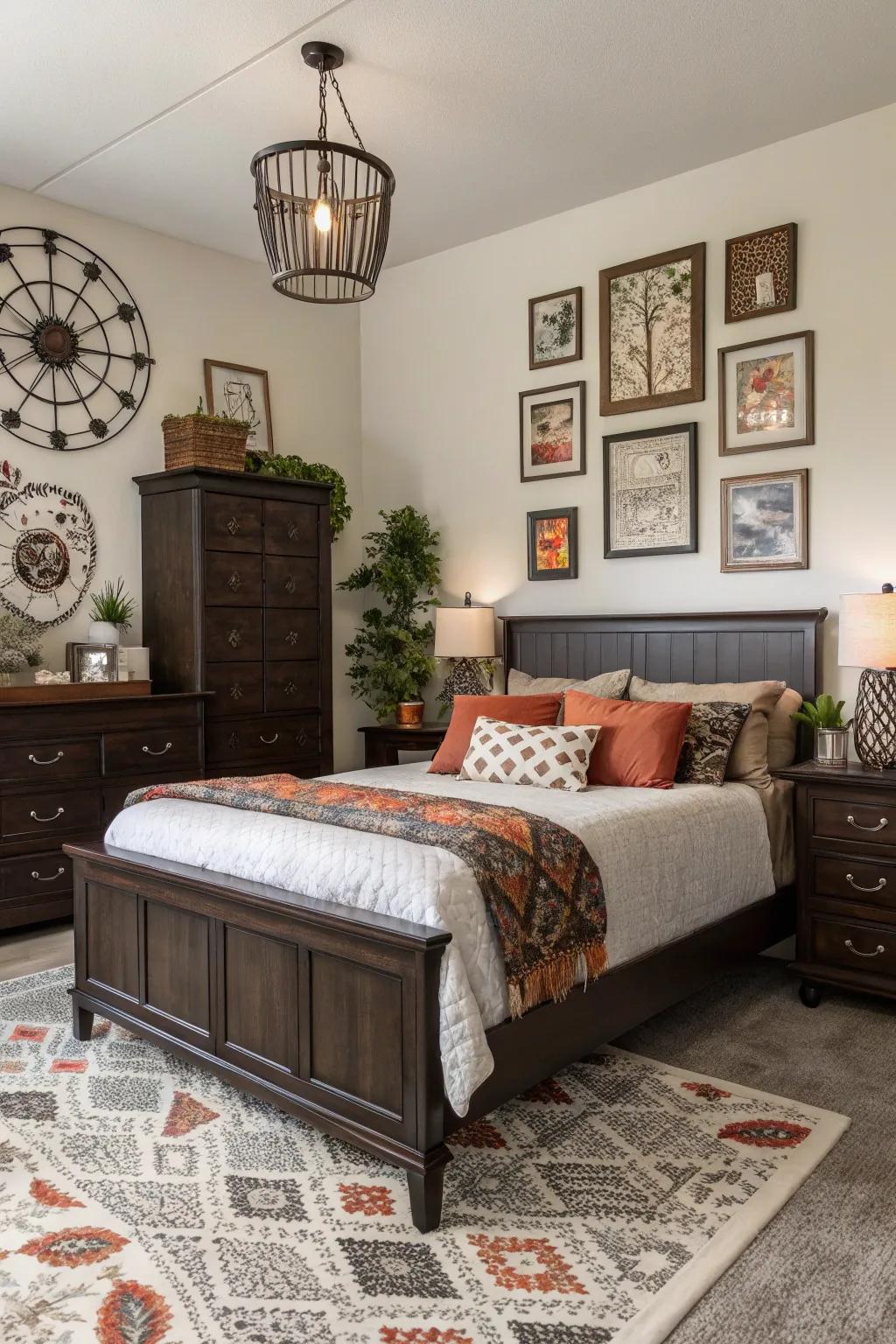 Eclectic mixes highlight the lasting charm of deep brown furniture.