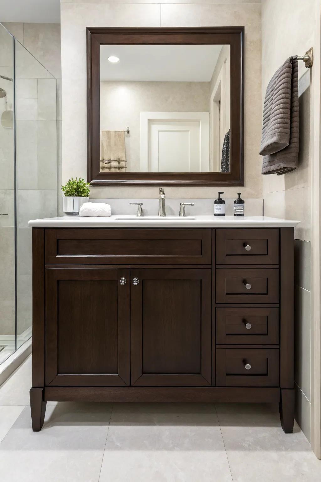 Minimalist decor enables a dark brown vanity to take center stage.