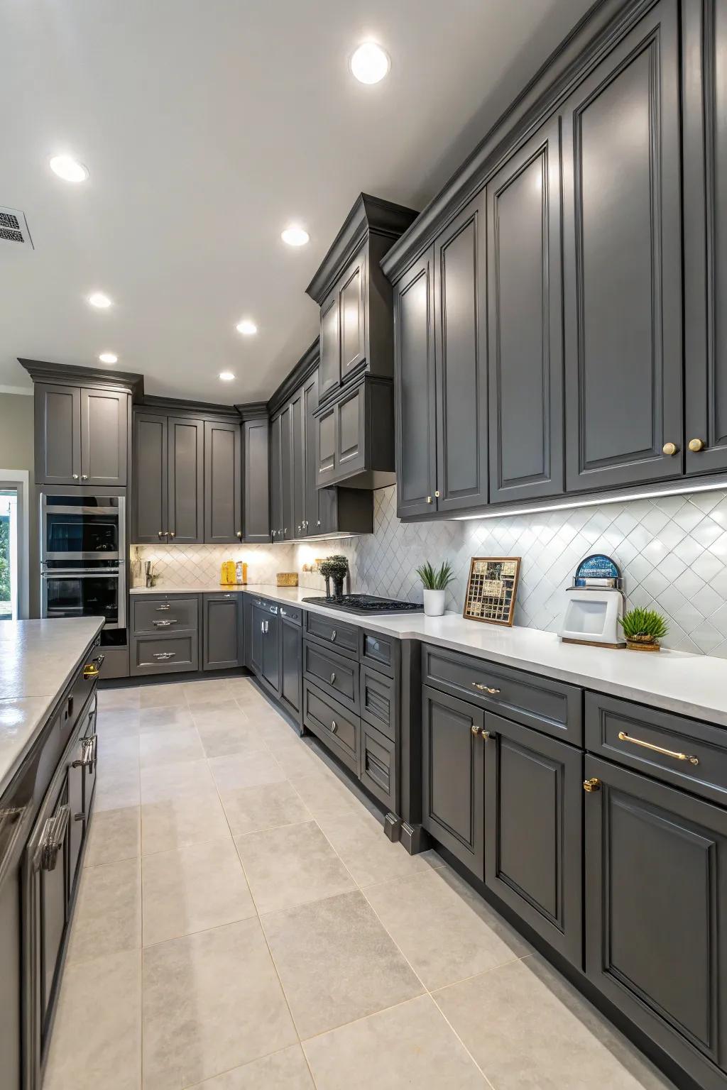 Efficient layout showcases the blend of panache and usability in deep charcoal cabinets.
