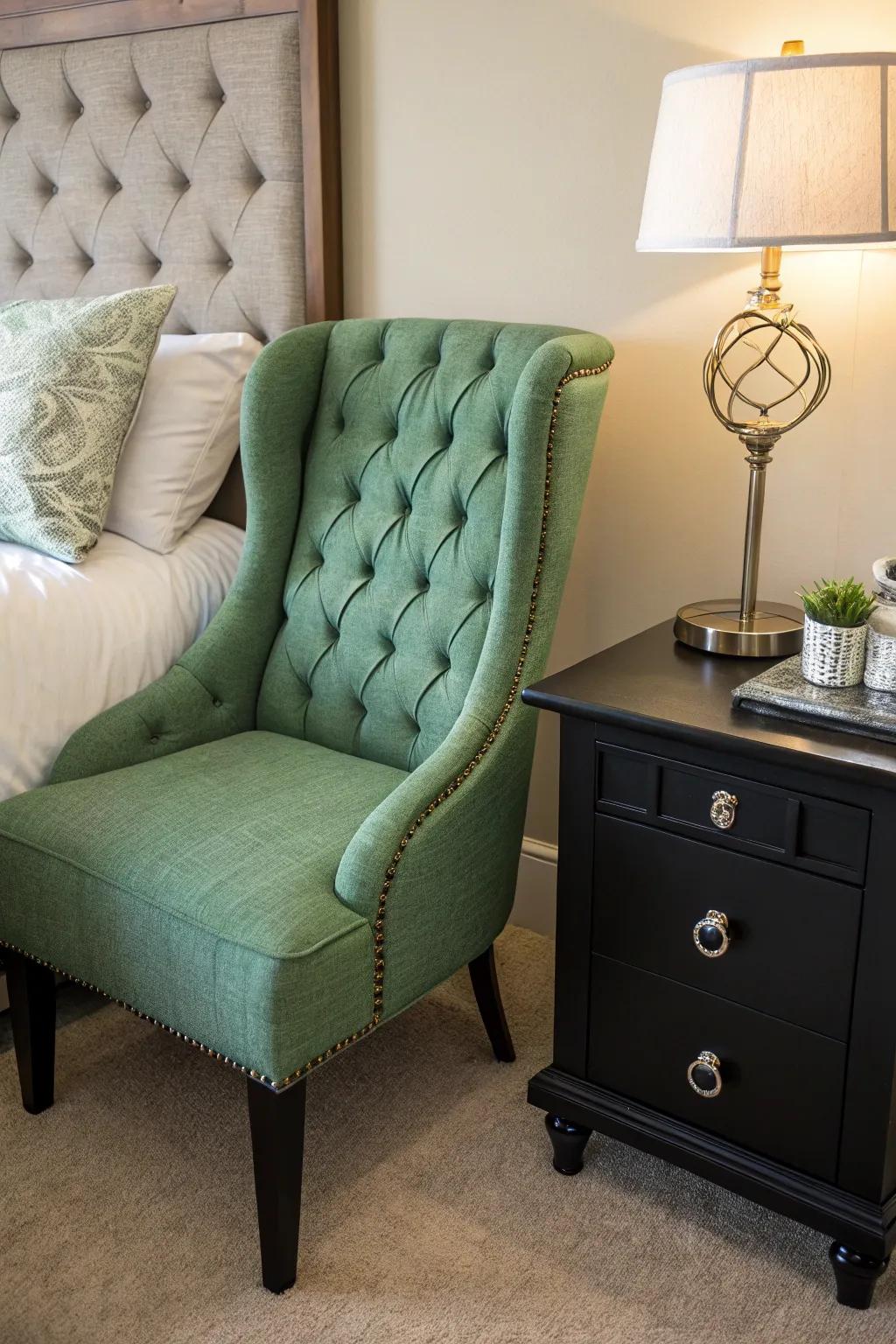 A green tufted chair adds a pop of color.