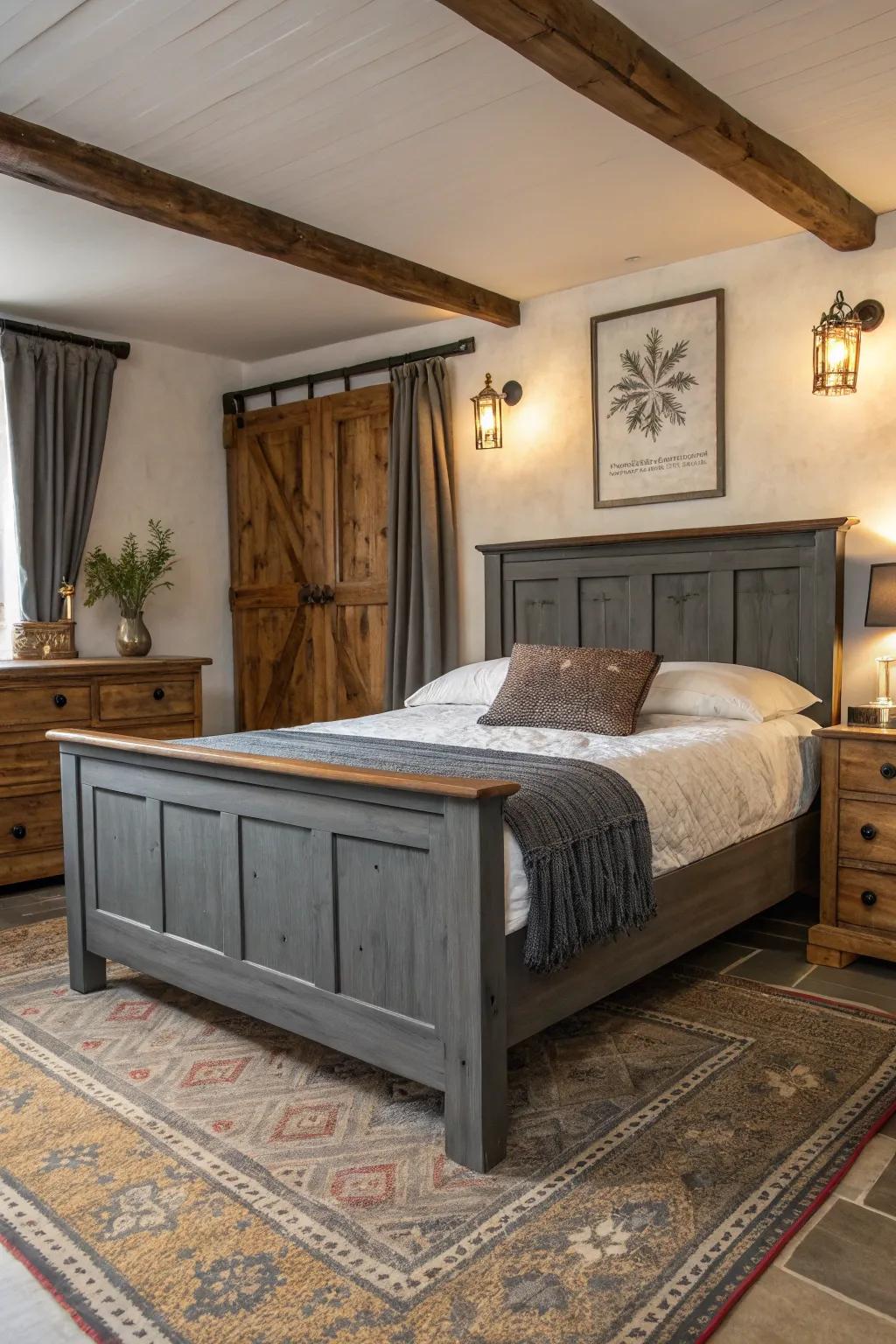 Rustic wooden elements complement the modern grey bed frame.