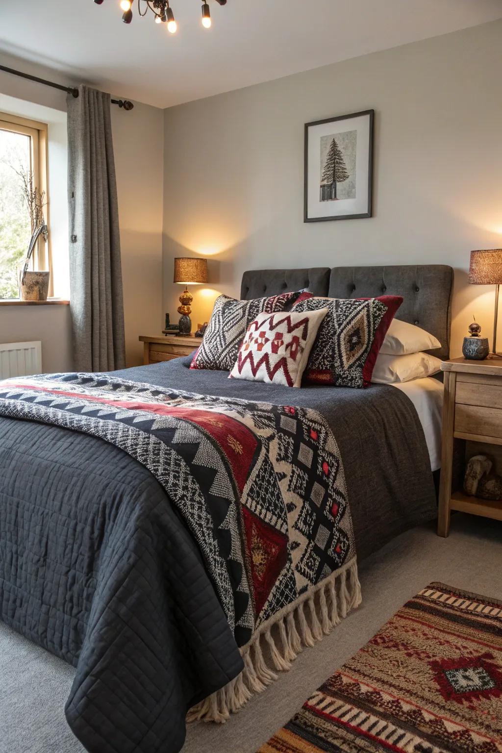 Patterns add a lively touch to the calm of dark grey bedding.