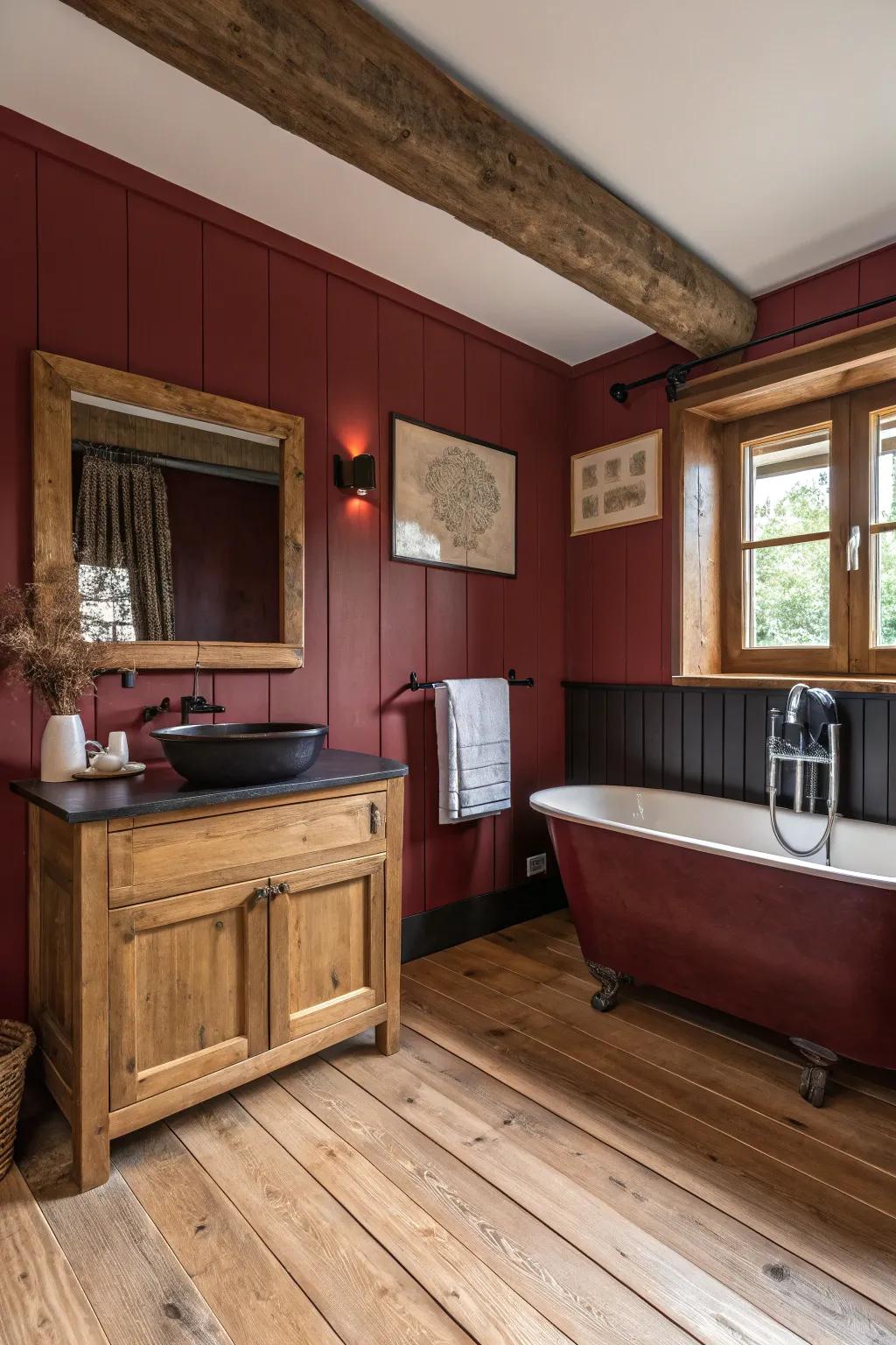 Organic components deliver coziness and harmony to a deep crimson bathroom.