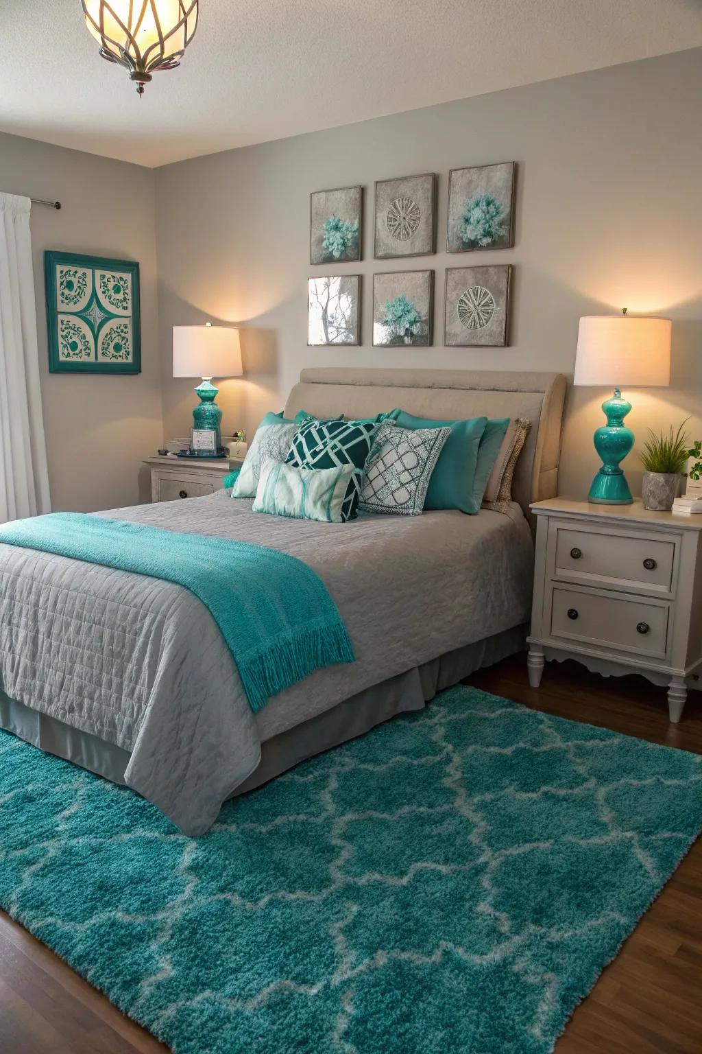 A teal rug brings warmth and cohesion to the space.