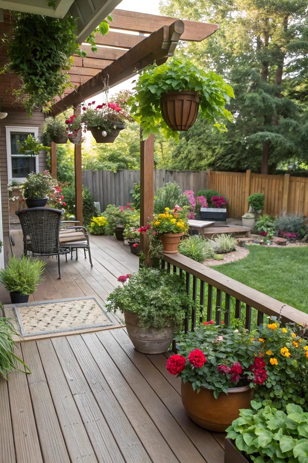 Plants soften harsh lines, creating an inviting and snug deck setting.