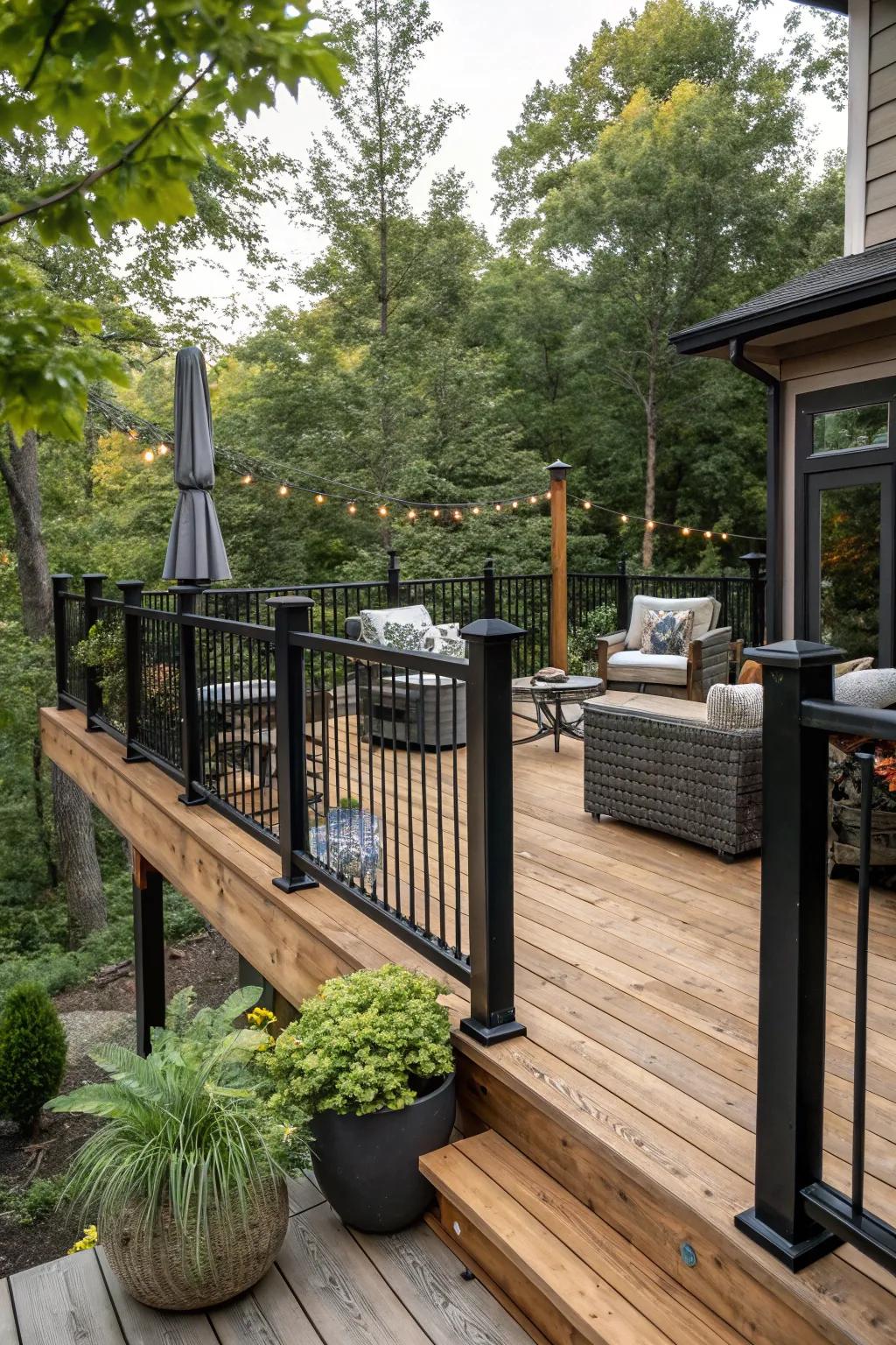Black railings with reclaimed wood elements add rustic charm and warmth.