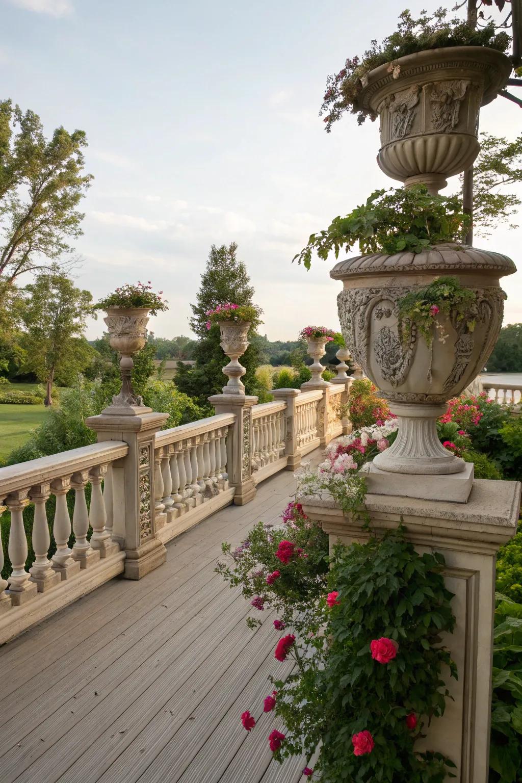 A charming deck with vintage-style balustrades, adding timeless elegance.