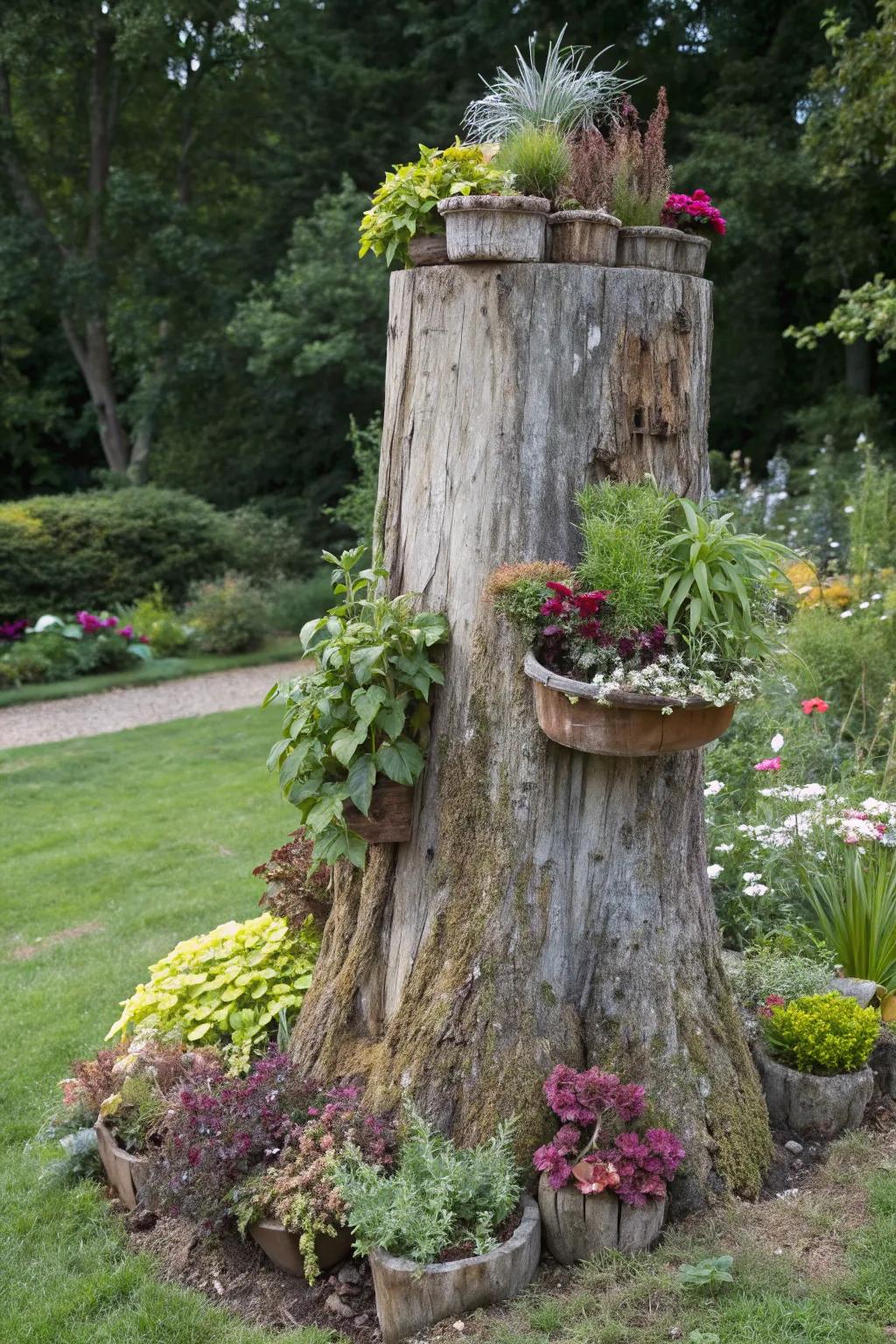 Introduce depth with potted flora gracing a tree stump.
