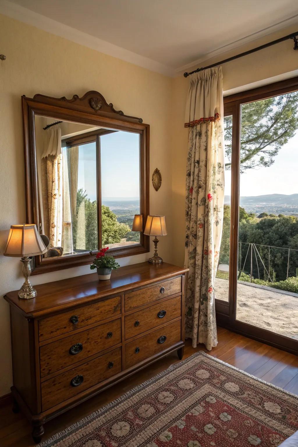 Mirrors that capture outdoor scenes bring nature inside.