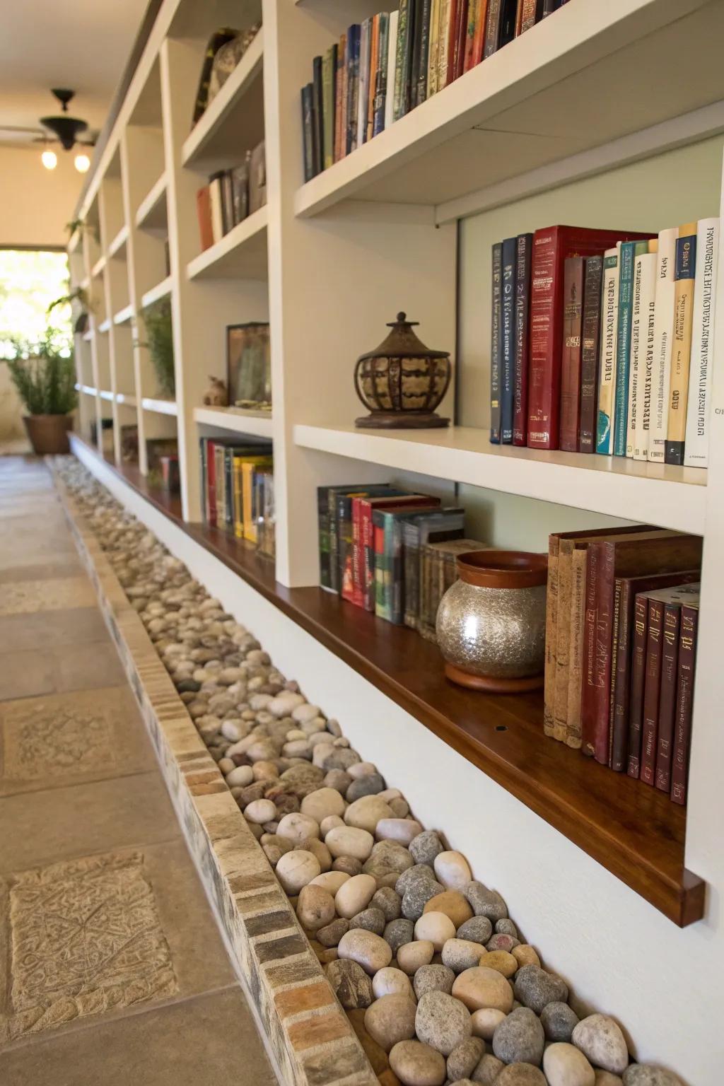 Incorporate an organic touch to your shelves using a row of stones.