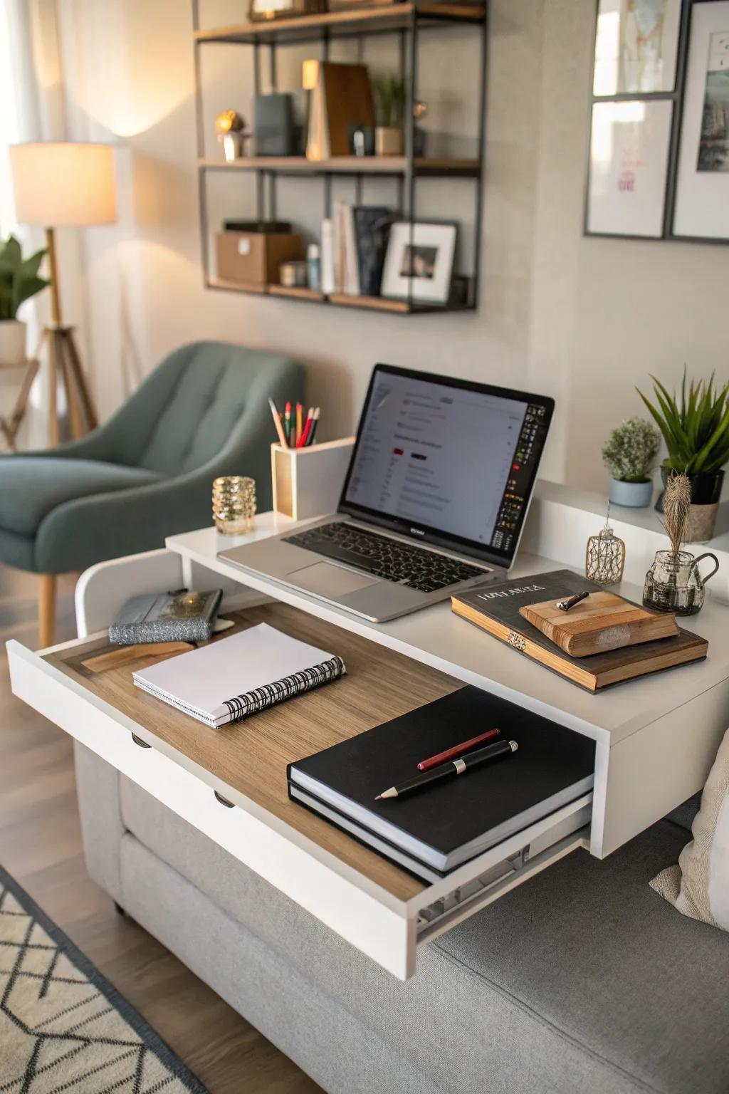 A suspended corner work area blends utility with elegance.
