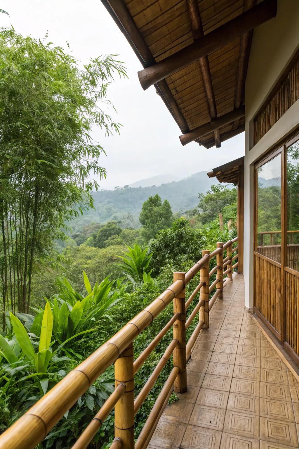 Eco-conscious tropical sensation through bamboo balustrades.