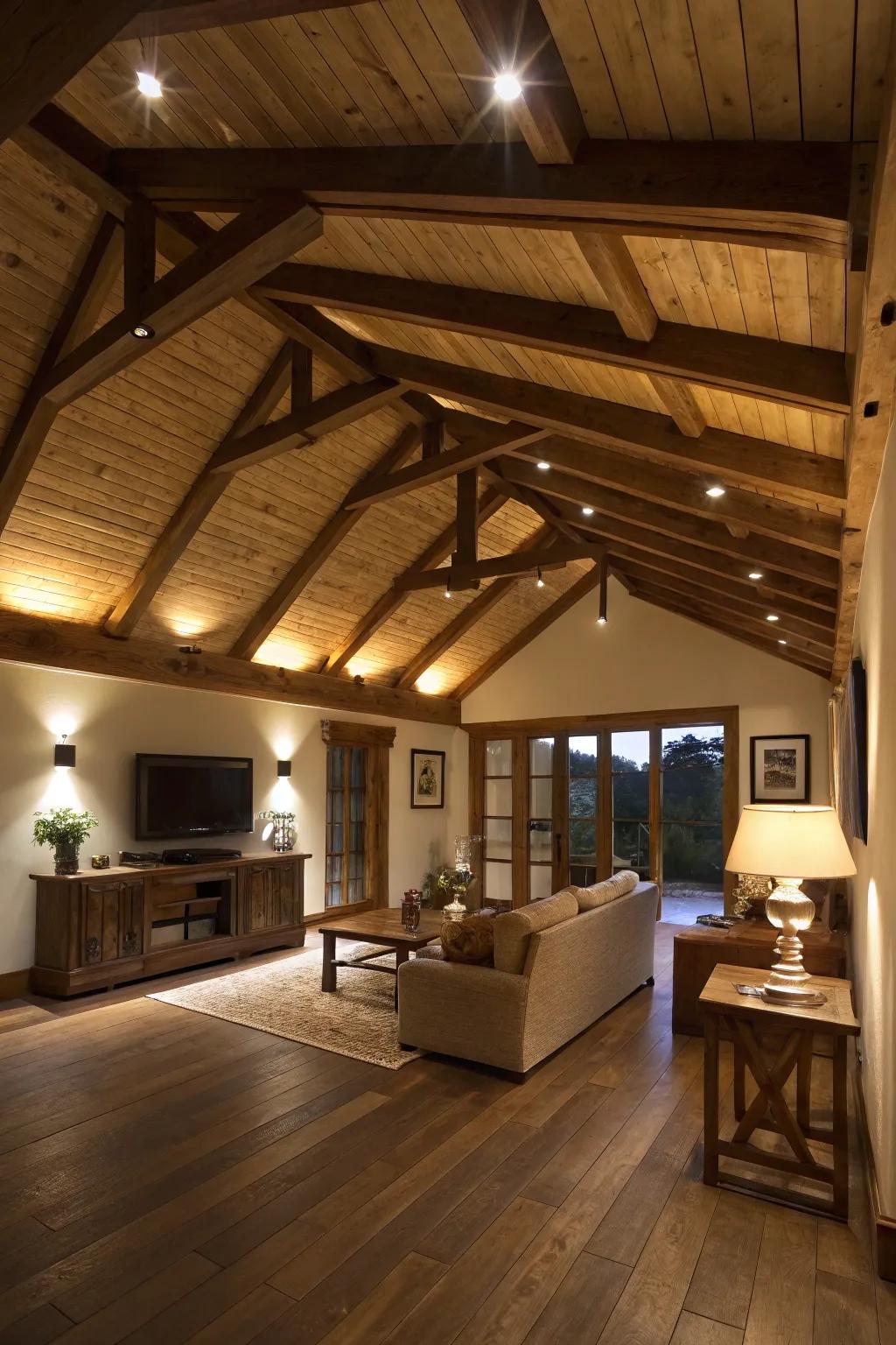 The integration of lighting in beams enhances both design and utility.