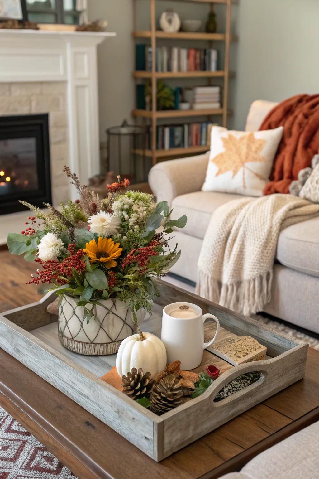 Seasonal shifts with changing decor on a platter.
