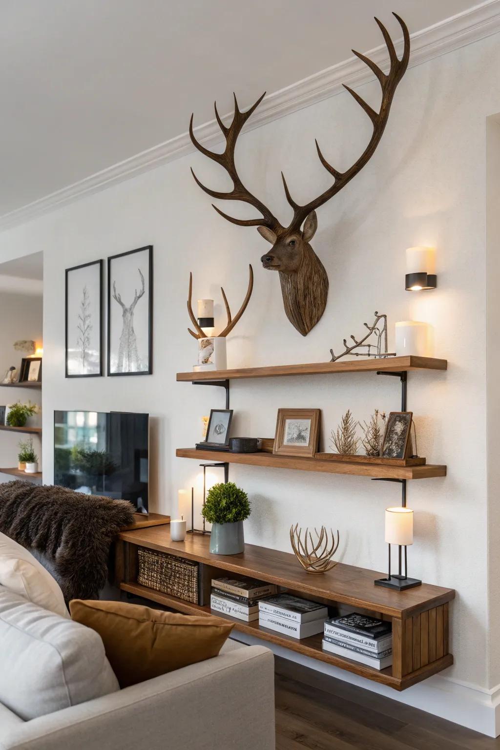 A levitating shelf artfully displays deer antlers and decorative items in a modern living area.