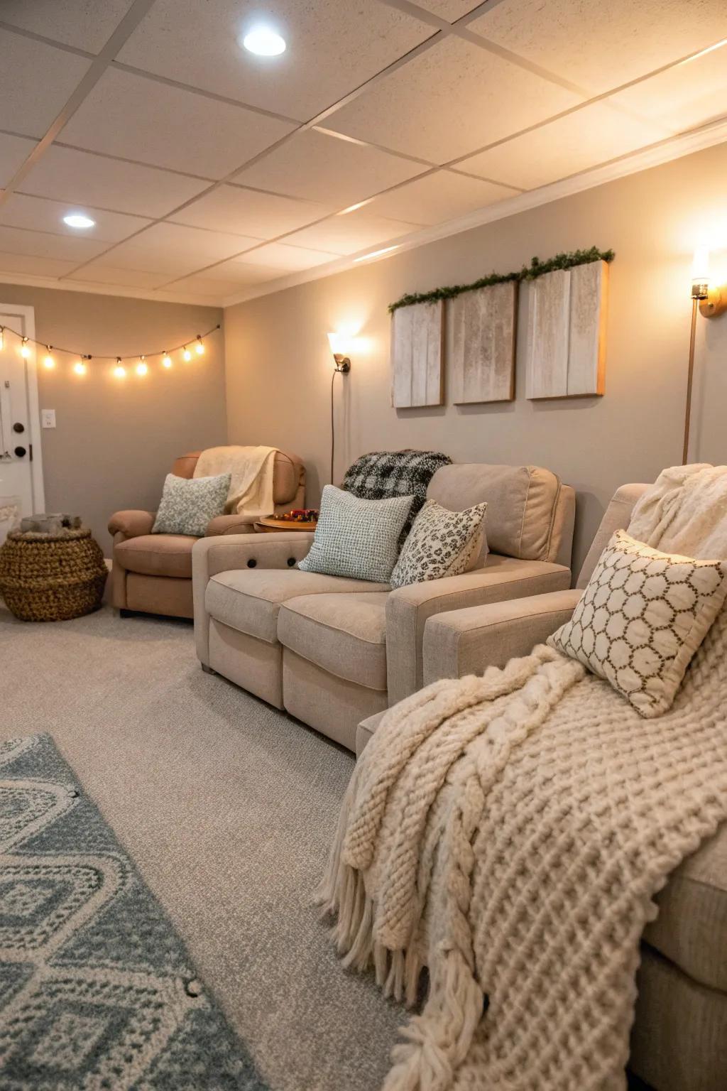 A serene den getaway styled with gentle neutral colors alongside deluxe textures.