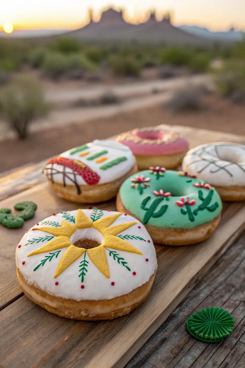 Fried dough delights embellished with arid-themed patterns encompassing sunbursts and prickly pears.
