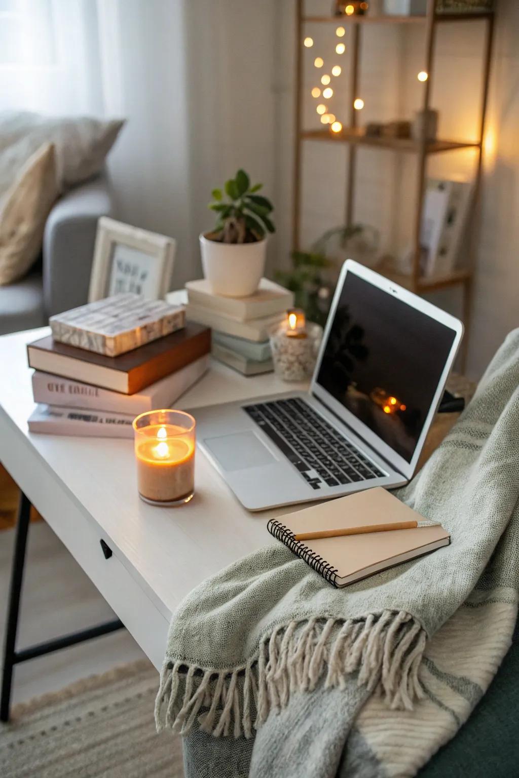 A cozy corner on the desk serves as a relaxing retreat.