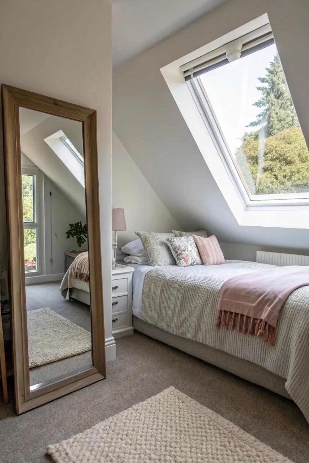 Mirrors amplify light and space surrounding a diagonal bed.