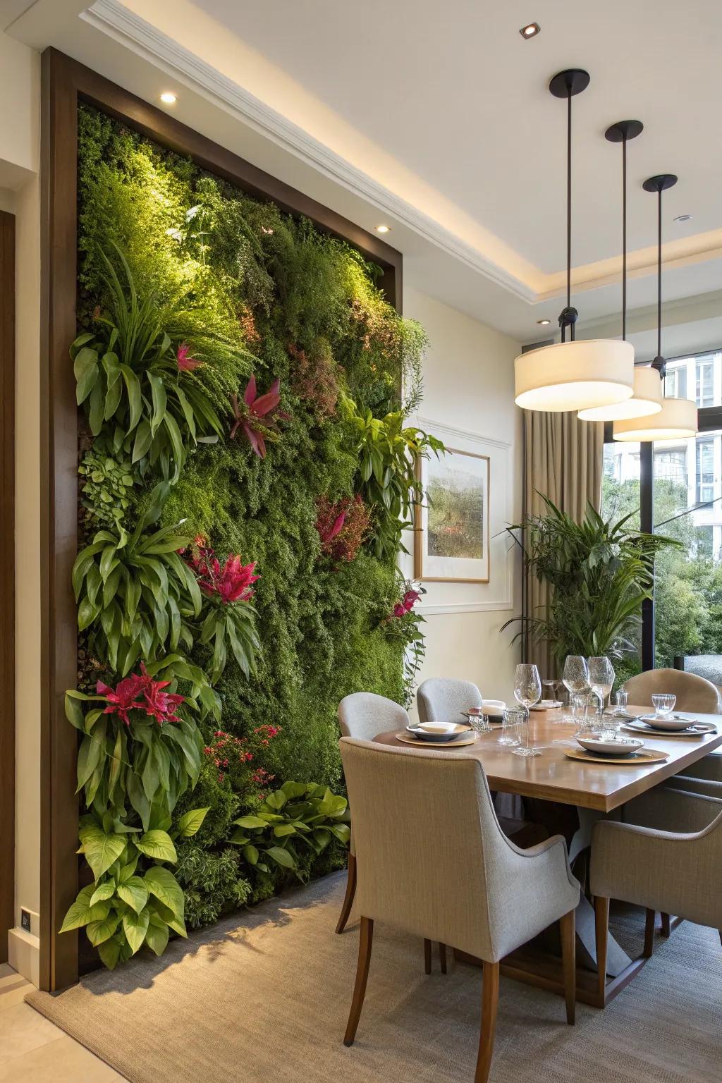 Vertical gardens introduce lush greenery and tranquility to dining environments.