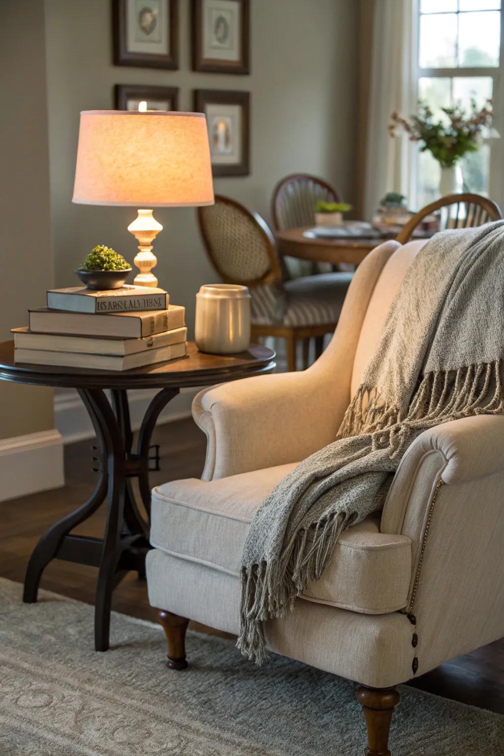 A reading nook offers a cozy retreat within the dining room.