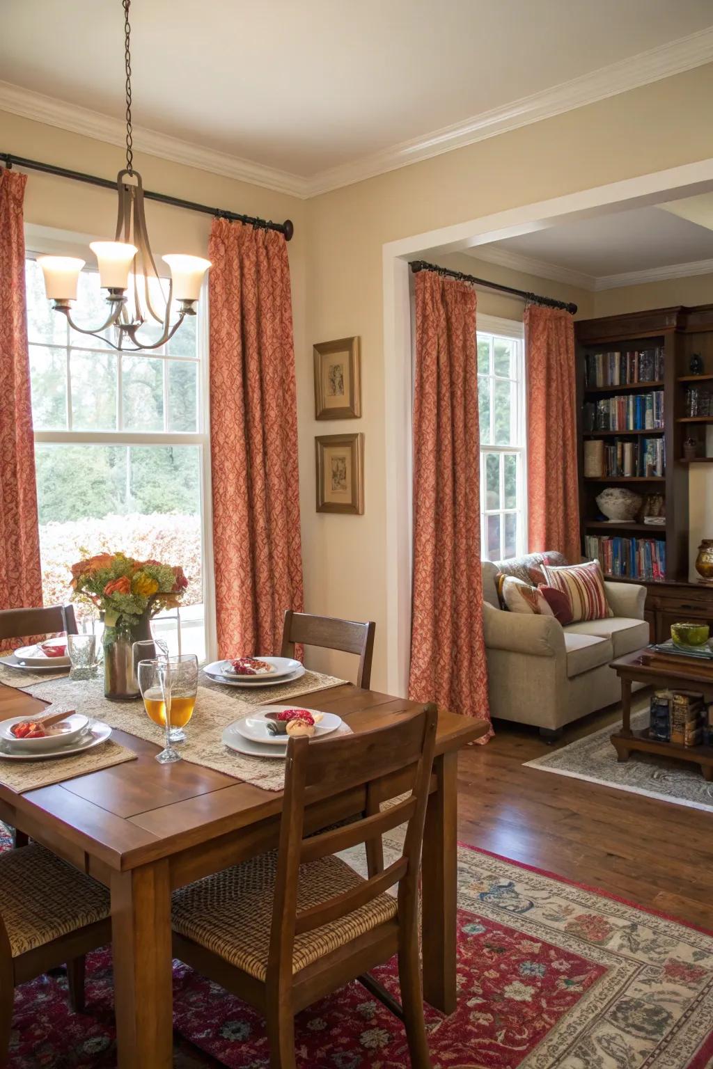 Window dressings functioning as decor pieces within the dining space.