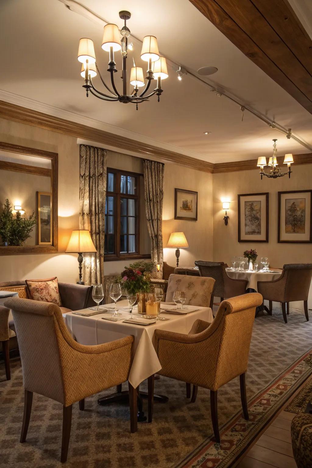 Gentle lighting and cozy seating create a warm and welcoming dining experience.