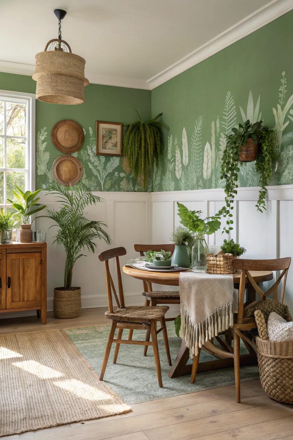 Nature-inspired greens encourage relaxation in the dining room.