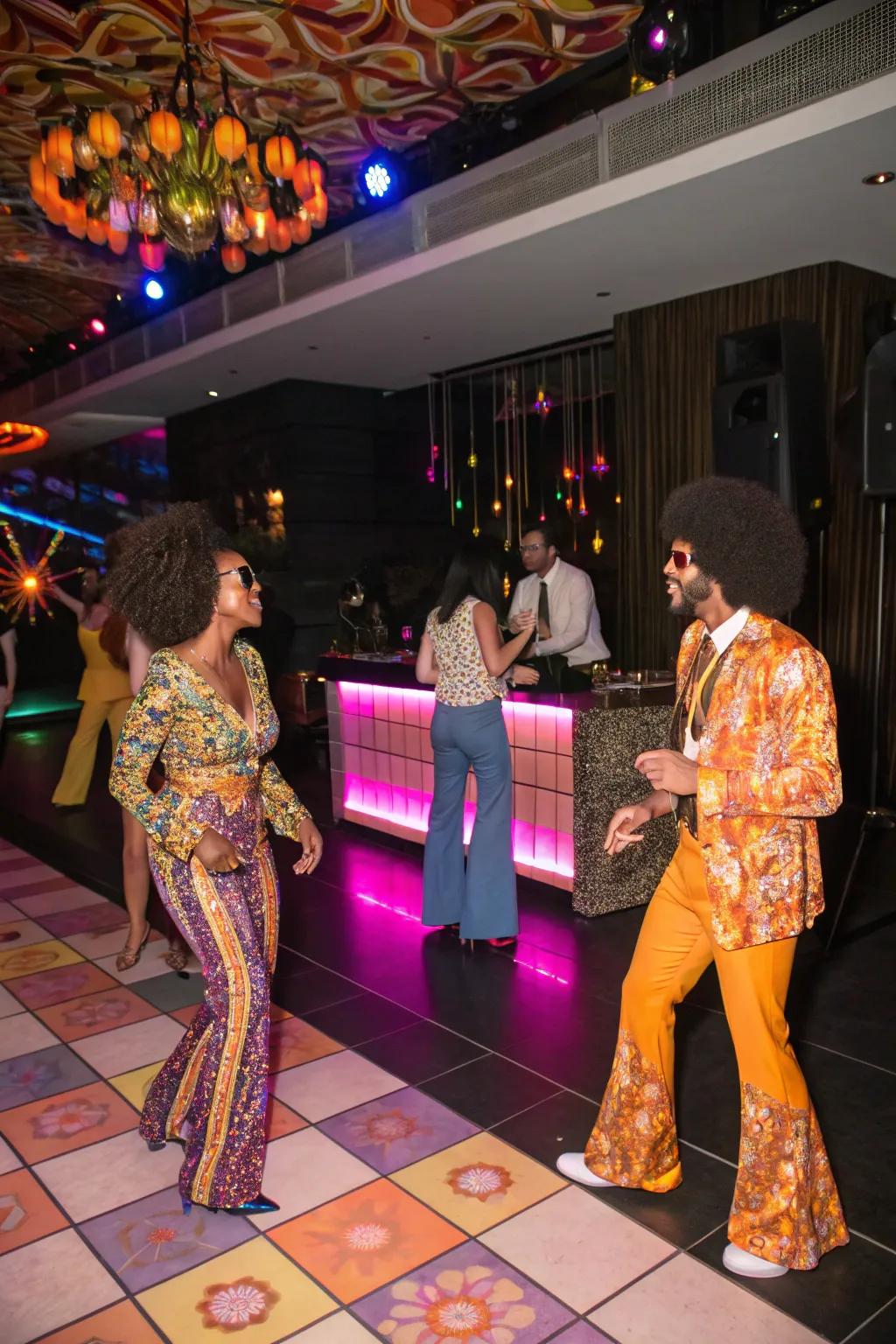 Guests in 70s-inspired attire add flair and authenticity to the disco theme.