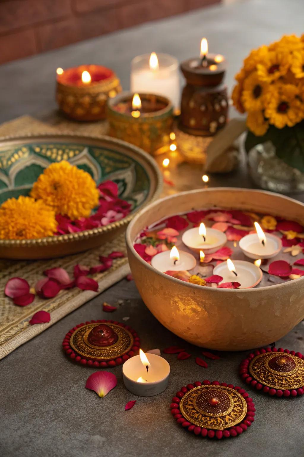 Soaking taper bowls with petals crafting a mesmerizing effect on the Diwali table.