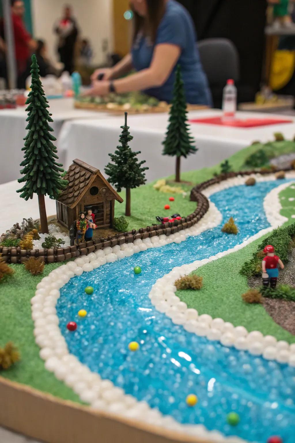 A glittering river constructed from hydration spheres flows through the Golu arrangement.