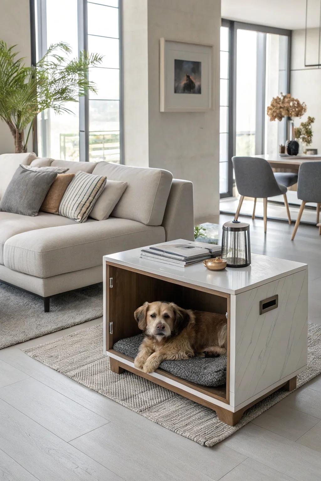 A contemporary lounge showcasing furnishings with an incorporated canine cubby for elegance and solace.