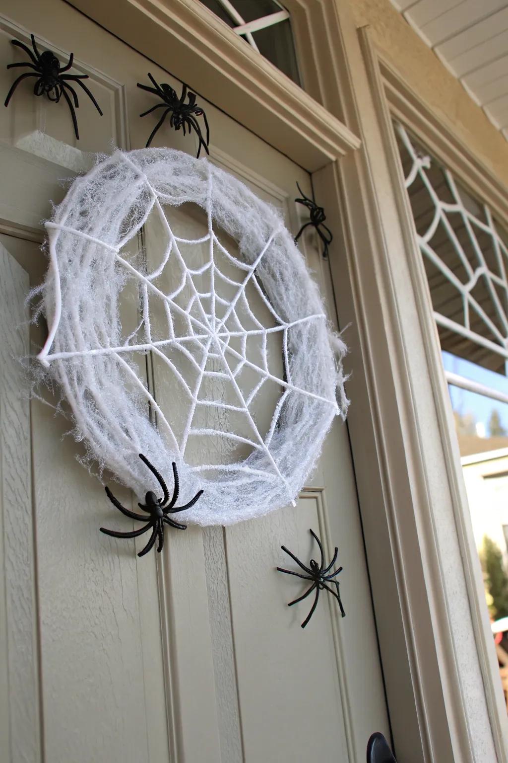 A chic and spooky arachnid filament wreath for All Hallow's Eve.