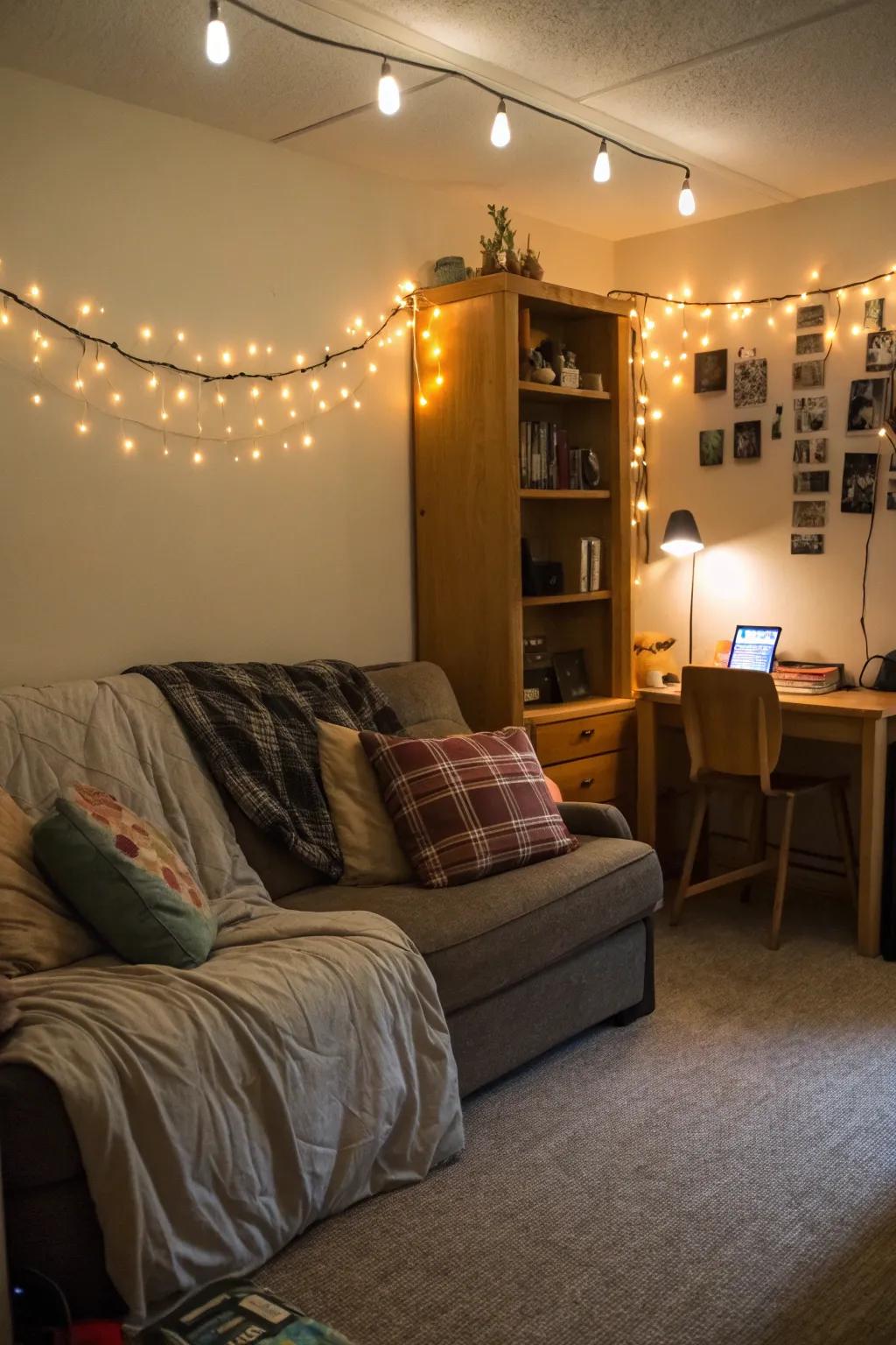 Warm lighting improving the atmosphere around this dorm room sofa.