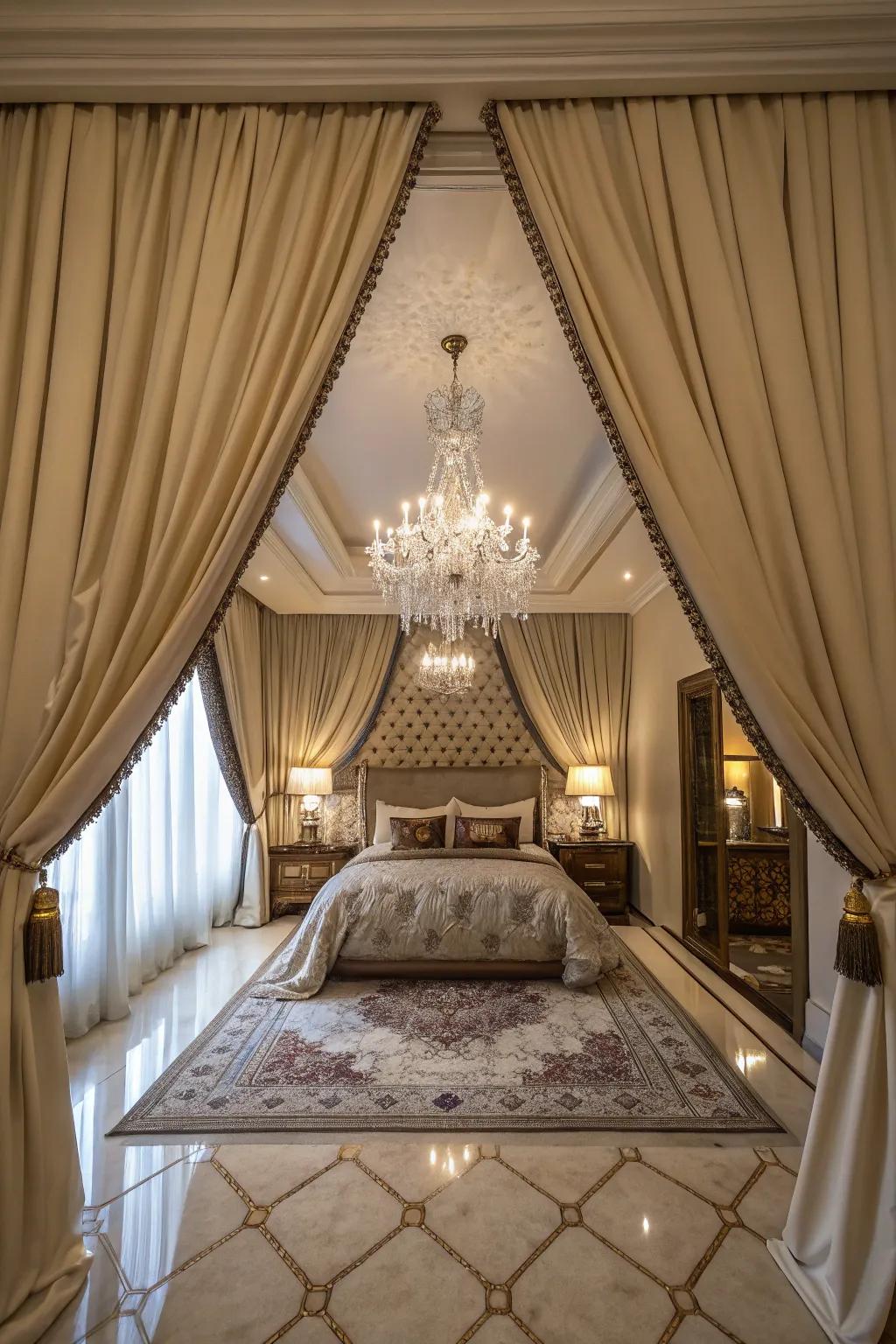 Floor-length curtains add drama and elegance to this luxurious bedroom.