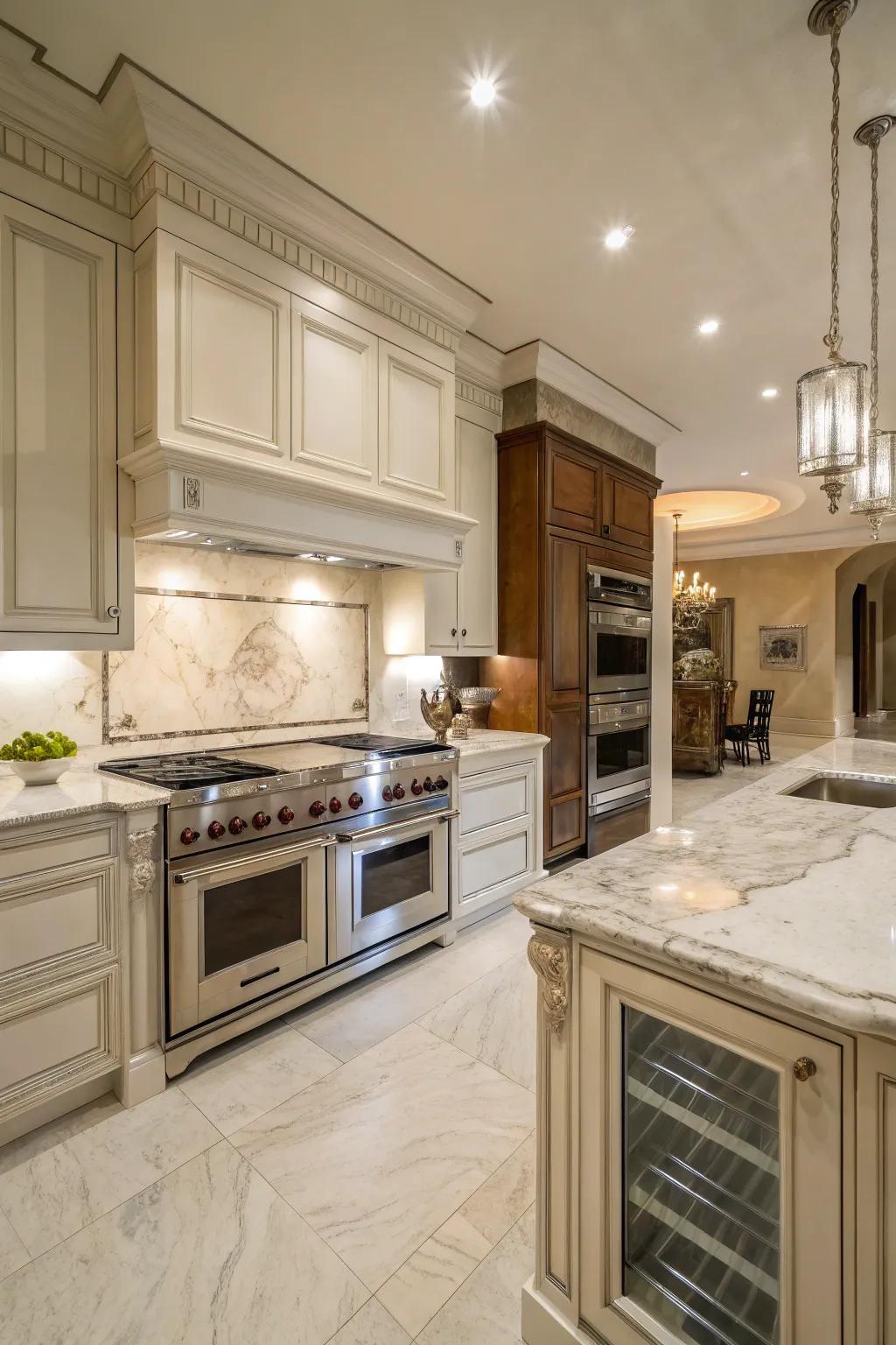 An exquisitely luxurious kitchen design, showcasing a double oven tastefully framed by accents of marble and brass.