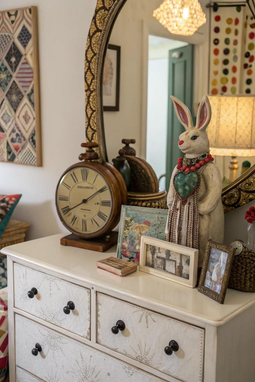Unexpected decor introduces personality and charm to the dresser.