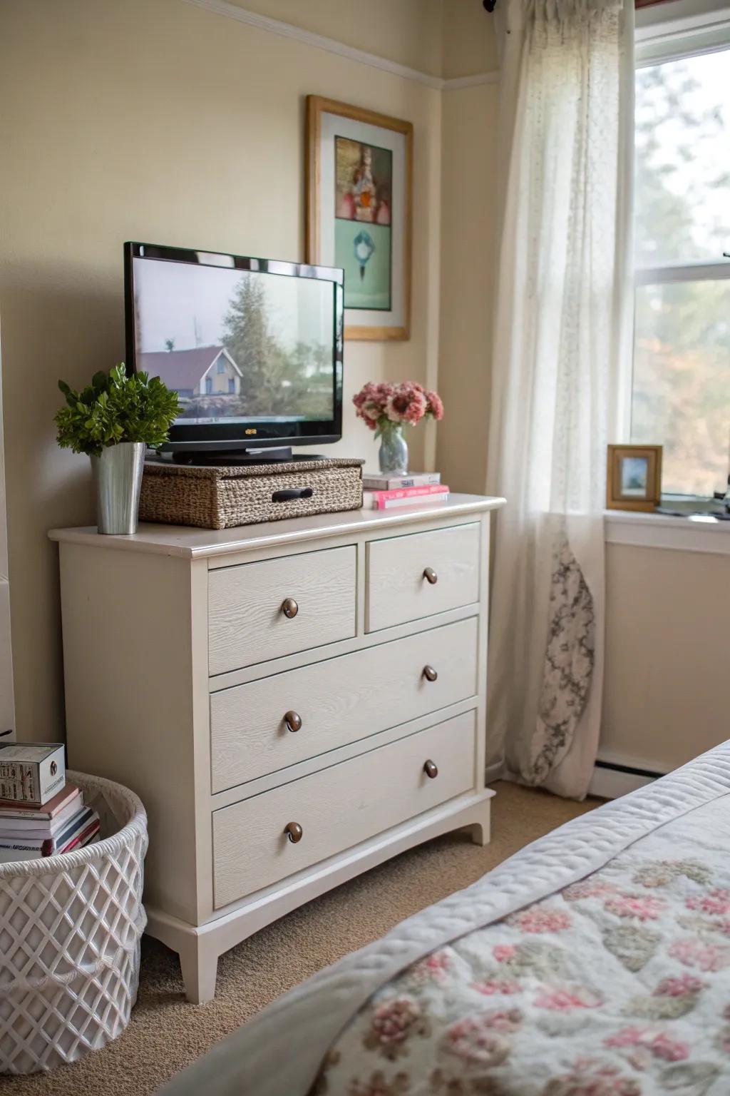 A dresser serving as a platform for a TV, blending technology with style in a small bedroom.