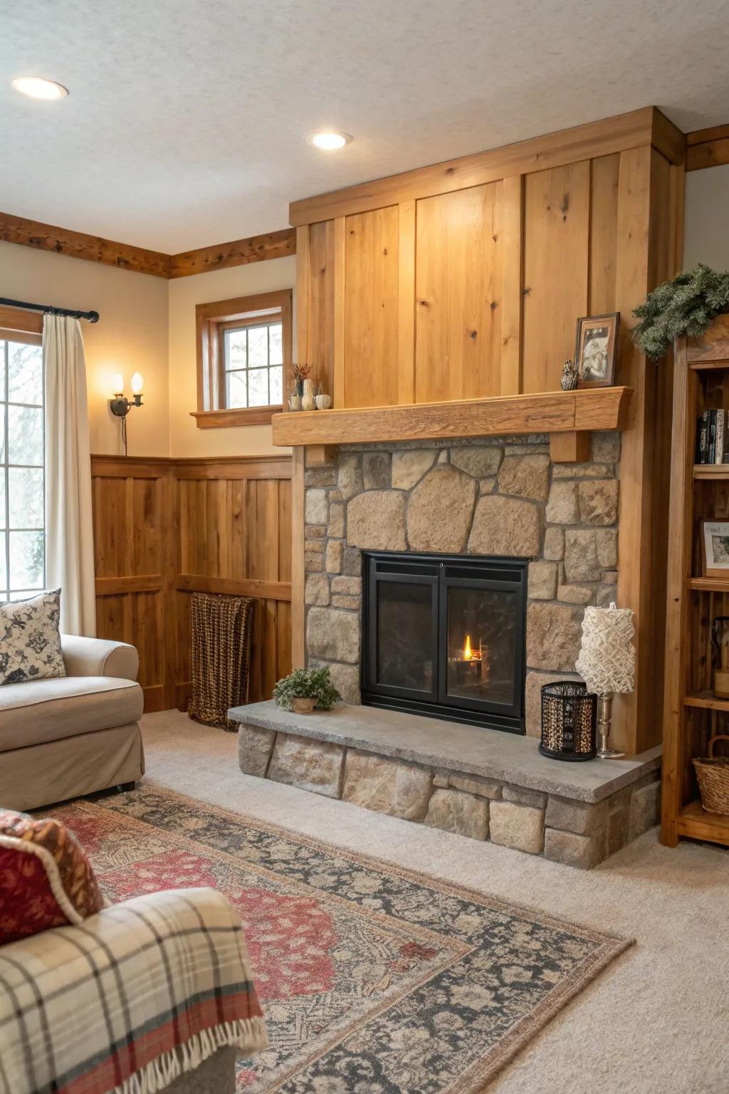 Panel and strip detailing adds countryside charm to a plasterboard hearth.