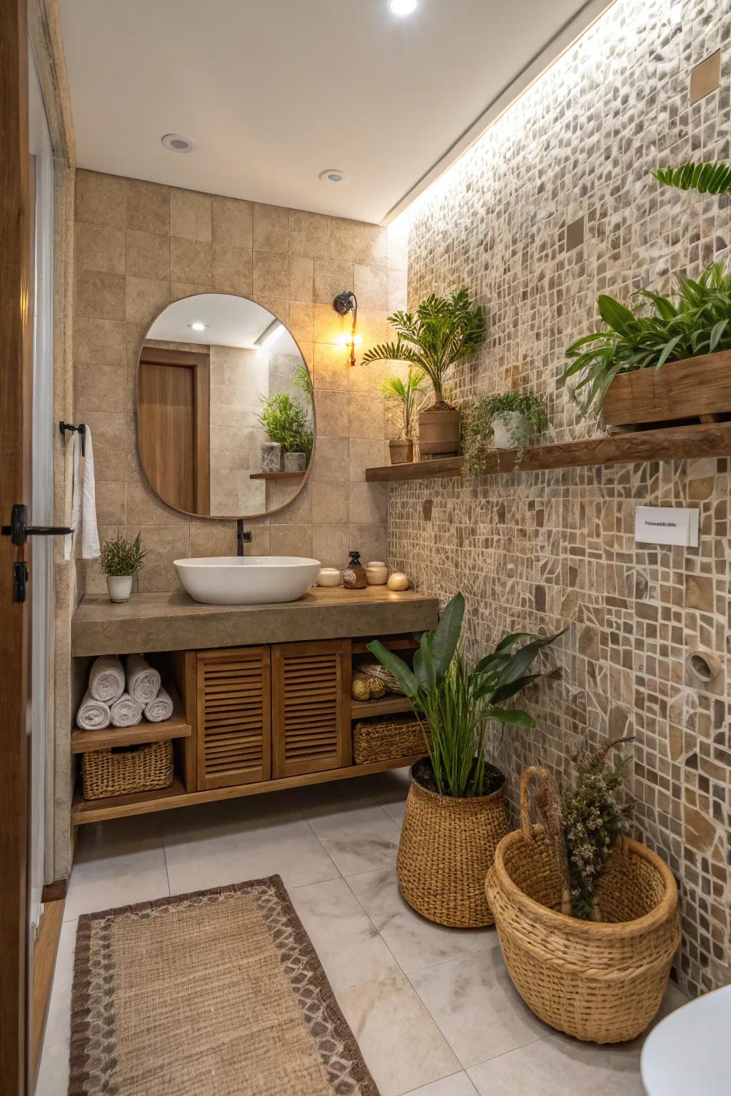 Earthy mosaic tiles create a stunning natural focal point in the bathroom.