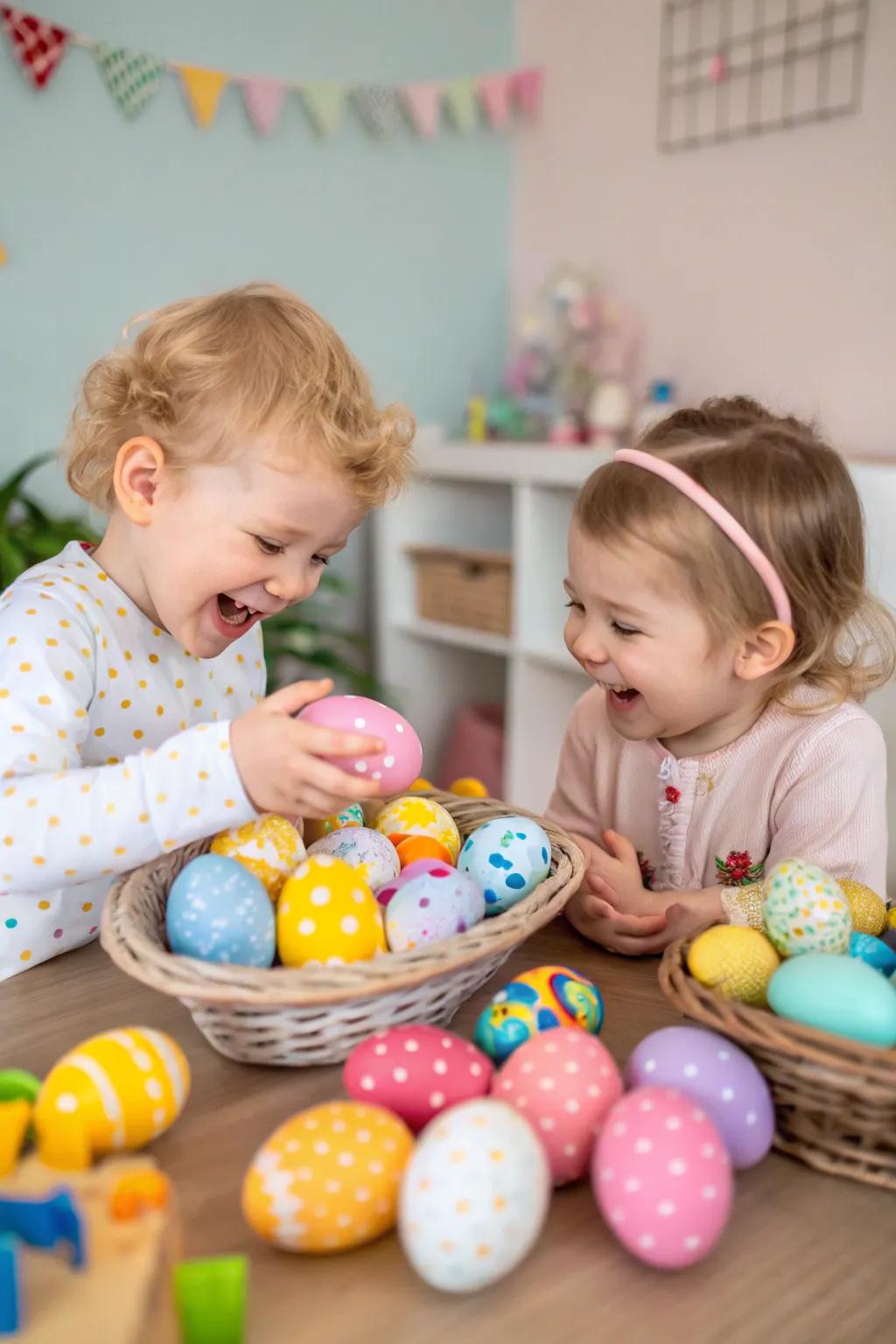 A display of vibrant, embellished Easter eggs crafted by toddlers.