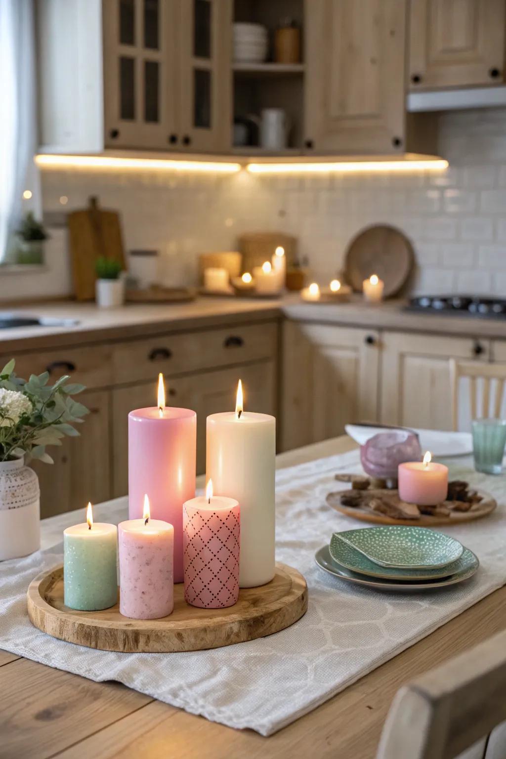 Light tone wicks fashion a warm and inviting ambiance in the kitchen.