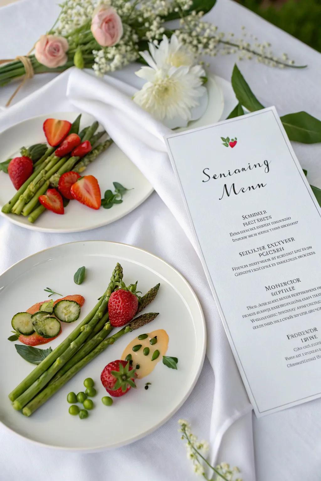 A wedding menu featuring season-inspired spring dishes with refined presentation.