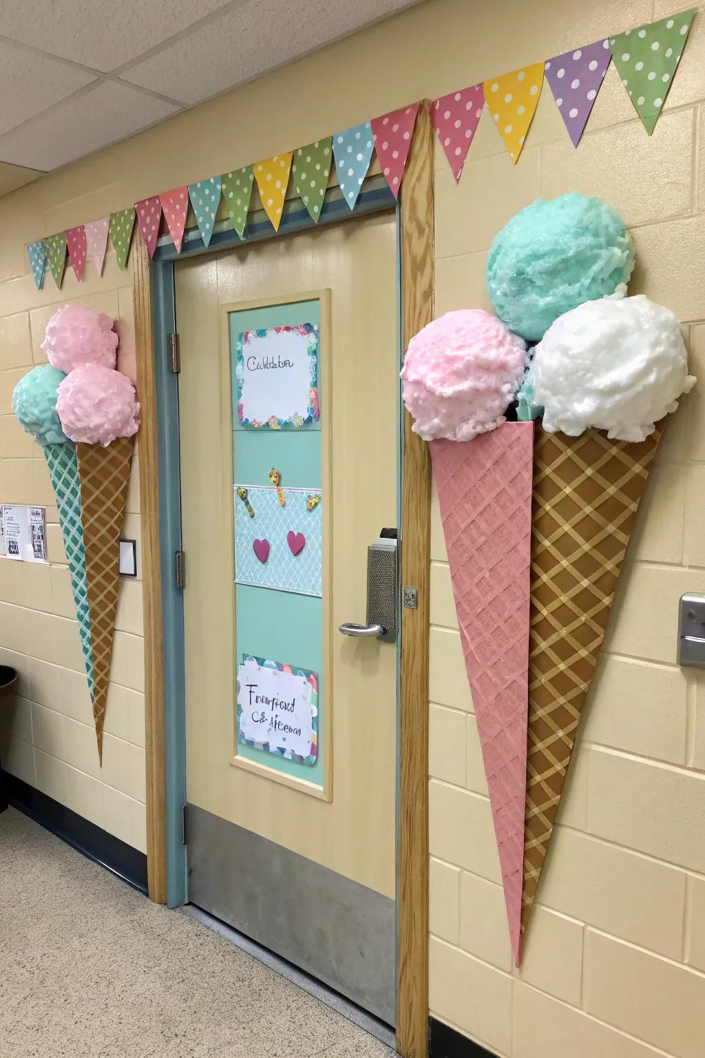 A sweet spring surprise with 3D frozen delights adding a playful touch to the classroom entrance.